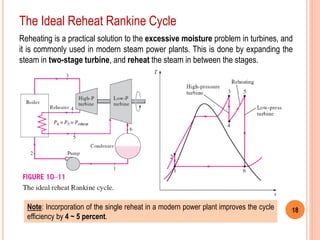 18
The Ideal Reheat Rankine Cycle
Reheating is a practical solution to the excessive moisture problem in turbines, and
it is commonly used in modern steam power plants. This is done by expanding the
steam in two-stage turbine, and reheat the steam in between the stages.
Note: Incorporation of the single reheat in a modern power plant improves the cycle
efficiency by 4 ~ 5 percent.
 