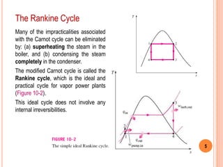 5
The Rankine Cycle
Many of the impracticalities associated
with the Carnot cycle can be eliminated
by: (a) superheating the steam in the
boiler, and (b) condensing the steam
completely in the condenser.
The modified Carnot cycle is called the
Rankine cycle, which is the ideal and
practical cycle for vapor power plants
(Figure 10-2).
This ideal cycle does not involve any
internal irreversibilities.
 