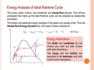 7
Energy Analysis of Ideal Rankine Cycle
The pump, boiler, turbine, and condenser are steady-flow devices. Thus all four
processes that make up the ideal Rankine cycle can be analyzed as steady-flow
processes.
The kinetic and potential energy changes of the steam are usually small. Thus the
Steady-flow Energy Equation per unit mass of steam reduces to:
Energy Interactions
The boiler and condenser do not
involve any work but both involve
with heat interactions.
The pump and the turbine are
assumed to be isentropic and both
involve work interactions.
 