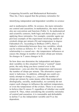 Comparing Scientific and Mathematical Rationales
Thus far, I have argued that the primary rationales for
identifying independent and dependent variables in science
and in mathematics differ. In science, the main rationales
are control and causation; in mathematics, the main ration-
ales are convention and function (Table 1). In mathematical
and scientific contexts, both logic and choice play a role in
applying these rationales. For example, consider again our
previous example of the experiment involving number of
cricket6 chirps per minute (N) and temperature in degree
Fahrenheit (T). According to Dolbear (1897), there is
indeed a relationship between these two variables, which
can be written as follows: N = 4 (T - 50) + 40. And this
relationship is a causal one—the temperature influences or
causes the change in number of cricket chirps per minute.
So changes in T cause changes in N.
So how does one determine the independent and depen-
dent variables in this situation? From a “control” stand-
point, the only thing you have control over is the
temperature—you can alter the temperature and measure
the number of chirps per minute. The alternative experi-
ment is ludicrous. In addition, although one could cer-
tainly attempt to change (i.e., control) the number of
chirps per minute by some means other than temperature
(biologically, socially, medicinally), we certainly do not
expect such changes to influence the ambient temperature,
or even the temperature of the cricket. There is no reason
to believe that N causes T, regardless of whether one could
control N. Thus, when considering the scientific rationales
of control and causation, it is reasonable and defendable
to define T as the independent variable and N as the
dependent.
 