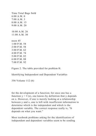 Time Total Bags Sold
6:00 A.M. 0
7:00 A.M. 3
8:00 A.M. 15
9:00 A.M. 20
10:00 A.M. 26
11:00 A.M. 30
noon 45
1:00 P.M. 58
2:00 P.M. 58
3:00 P.M. 62
4:00 P.M. 74
5:00 P.M. 83
6:00 P.M. 88
7:00 P.M. 92
Figure 2. The table provided for problem H.
Identifying Independent and Dependent Variables
356 Volume 112 (6)
for the development of a function; for once one has a
function y = f (x), one knows by definition that y depends
on x. However, if one is merely looking at a relationship
between y and x, one is left with insufficient information to
determine which is the independent and which is the
dependent variable. The correct response really is, “It
depends on what you want.”
Most textbook problems asking for the identification of
independent and dependent variables seem to be sending
 