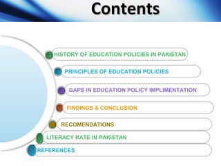 ContentsContents
GAPS IN EDUCATION POLICY IMPLIMENTATION
PRINCIPLES OF EDUCATION POLICIES
HISTORY OF EDUCATION POLICIES IN PAKISTAN
RECOMENDATIONS
FINDINGS & CONCLUSION
LITERACY RATE IN PAKISTAN
REFERENCES
 