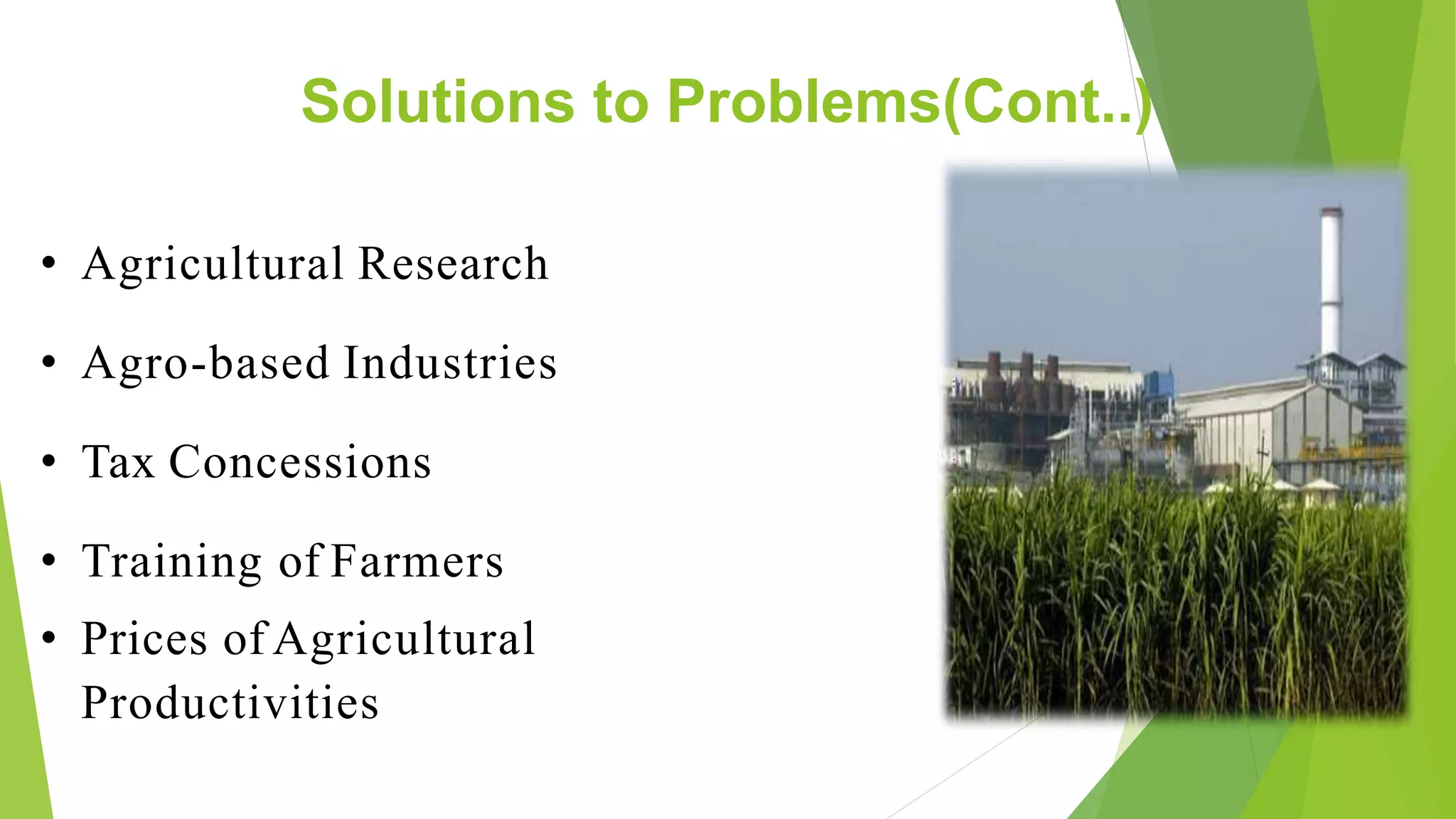 Solutions to Problems(Cont..)
• Agricultural Research
• Agro-based Industries
• Tax Concessions
• Training of Farmers
• Prices of Agricultural
Productivities