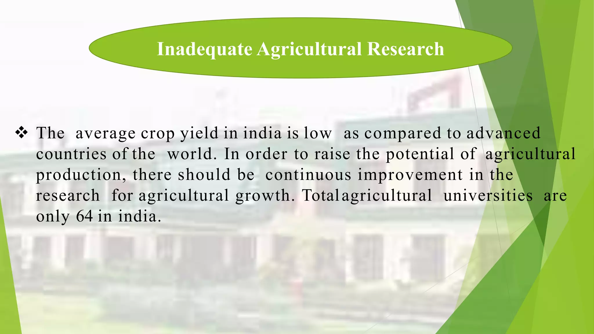  The average crop yield in india is low as compared to advanced
countries of the world. In order to raise the potential of agricultural
production, there should be continuous improvement in the
research for agricultural growth. Totalagricultural universities are
only 64 in india.
Inadequate Agricultural Research
