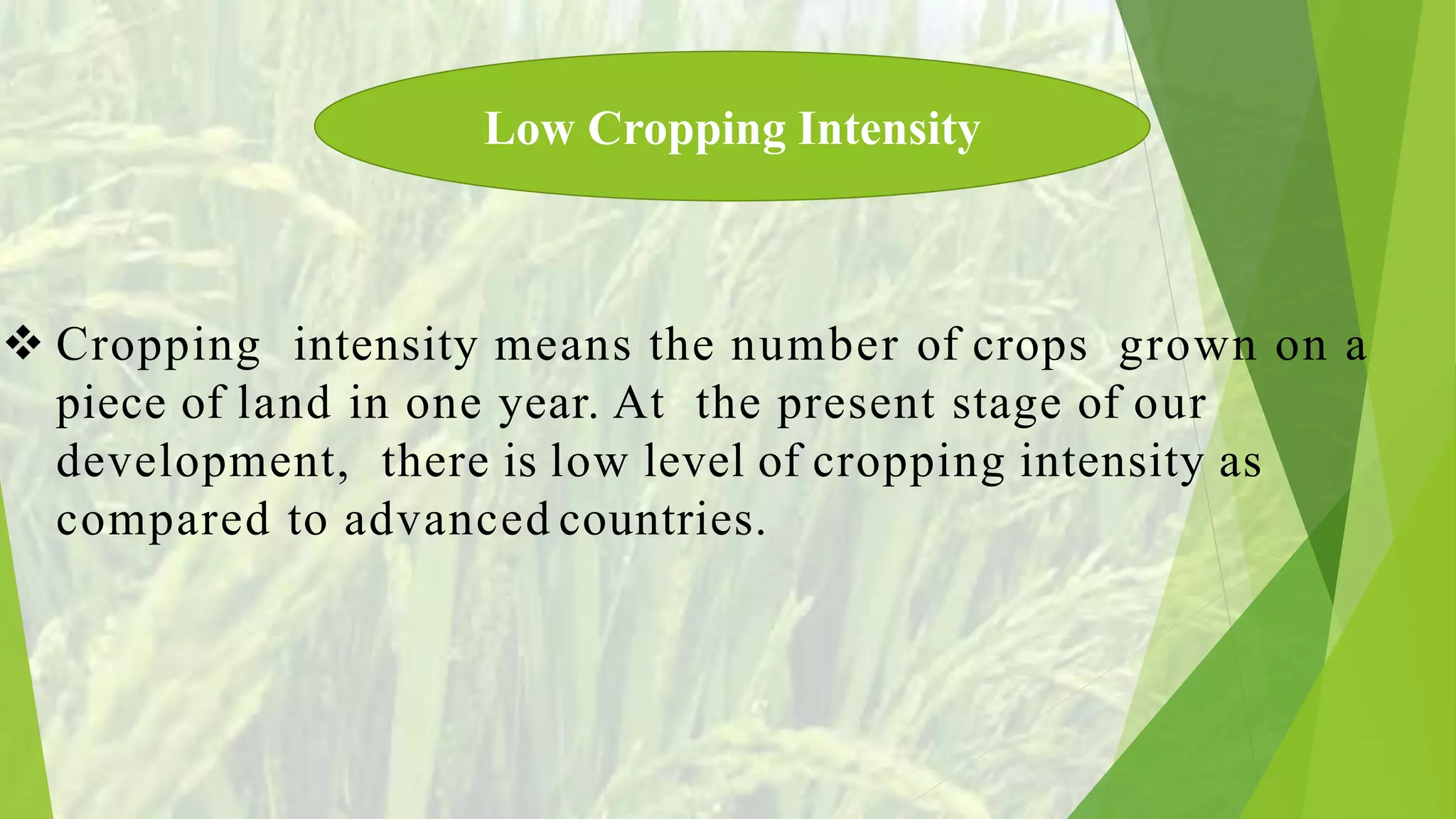  Cropping intensity means the number of crops grown on a
piece of land in one year. At the present stage of our
development, there is low level of cropping intensity as
compared to advanced countries.
Low Cropping Intensity