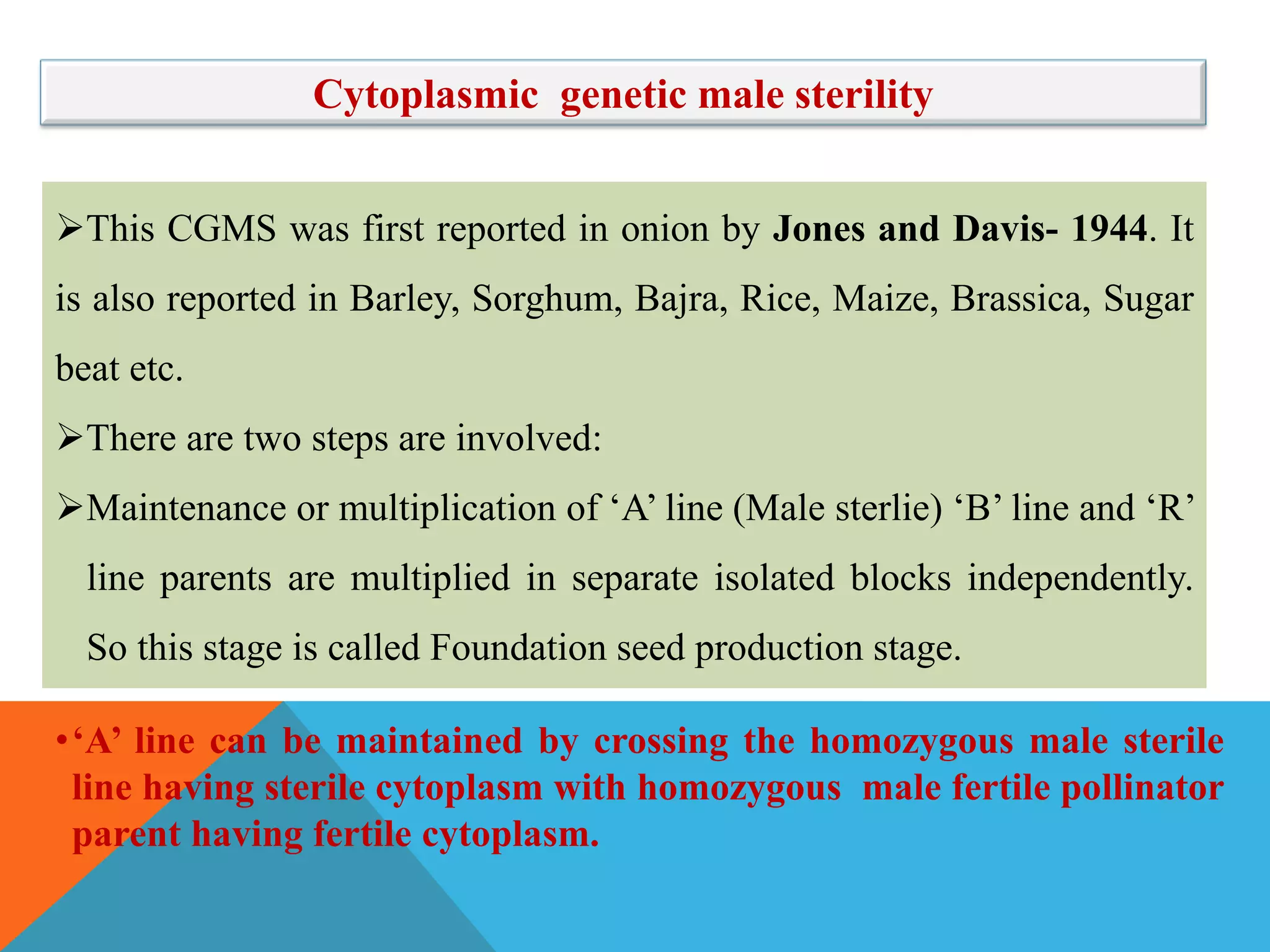This CGMS was first reported in onion by Jones and Davis- 1944. It
is also reported in Barley, Sorghum, Bajra, Rice, Maize, Brassica, Sugar
beat etc.
There are two steps are involved:
Maintenance or multiplication of ‘A’ line (Male sterlie) ‘B’ line and ‘R’
line parents are multiplied in separate isolated blocks independently.
So this stage is called Foundation seed production stage.
Cytoplasmic genetic male sterility
•‘A’ line can be maintained by crossing the homozygous male sterile
line having sterile cytoplasm with homozygous male fertile pollinator
parent having fertile cytoplasm.
 