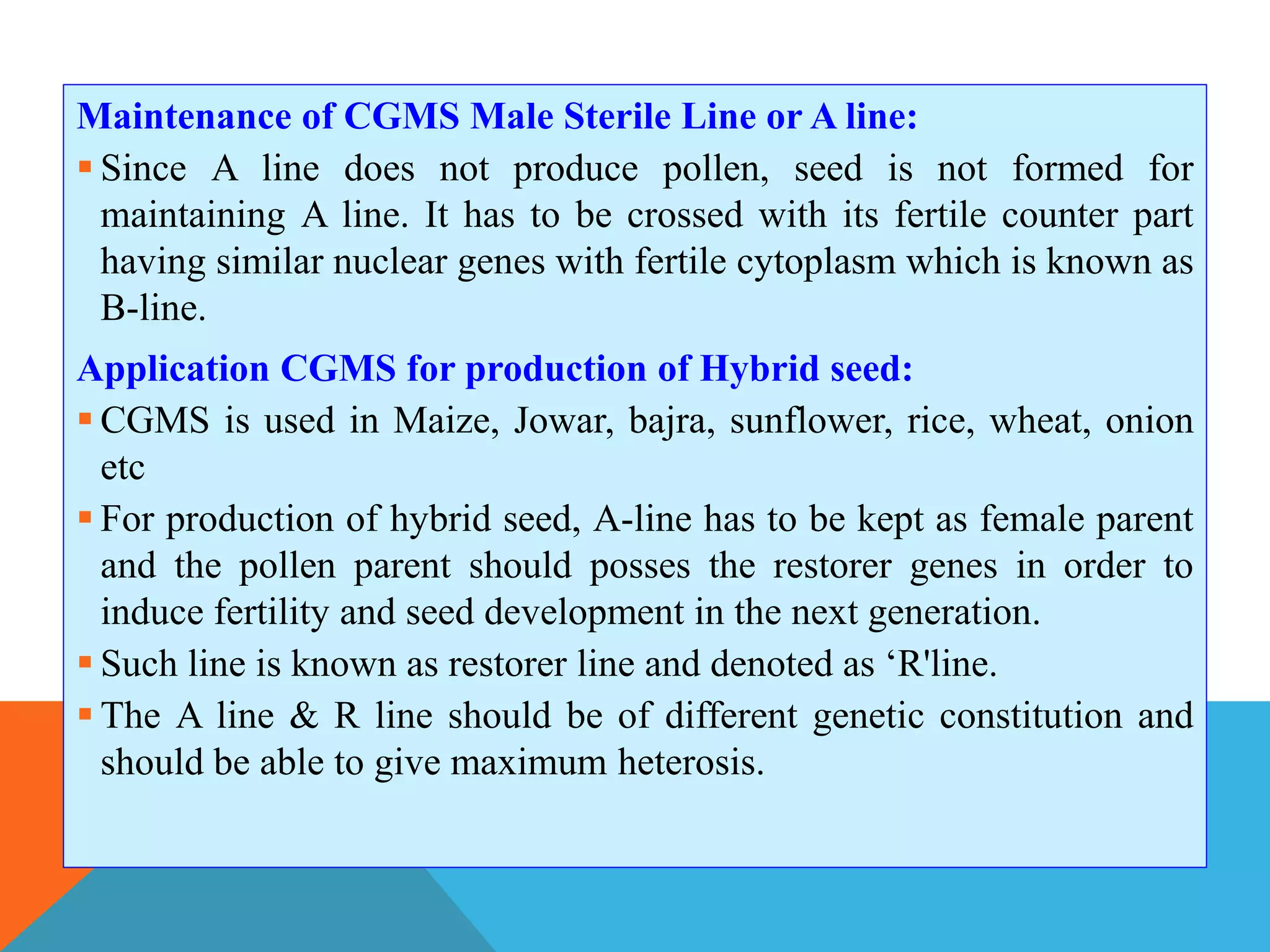 Maintenance of CGMS Male Sterile Line or A line:
 Since A line does not produce pollen, seed is not formed for
maintaining A line. It has to be crossed with its fertile counter part
having similar nuclear genes with fertile cytoplasm which is known as
B-line.
Application CGMS for production of Hybrid seed:
 CGMS is used in Maize, Jowar, bajra, sunflower, rice, wheat, onion
etc
 For production of hybrid seed, A-line has to be kept as female parent
and the pollen parent should posses the restorer genes in order to
induce fertility and seed development in the next generation.
 Such line is known as restorer line and denoted as ‘R'line.
 The A line & R line should be of different genetic constitution and
should be able to give maximum heterosis.
 