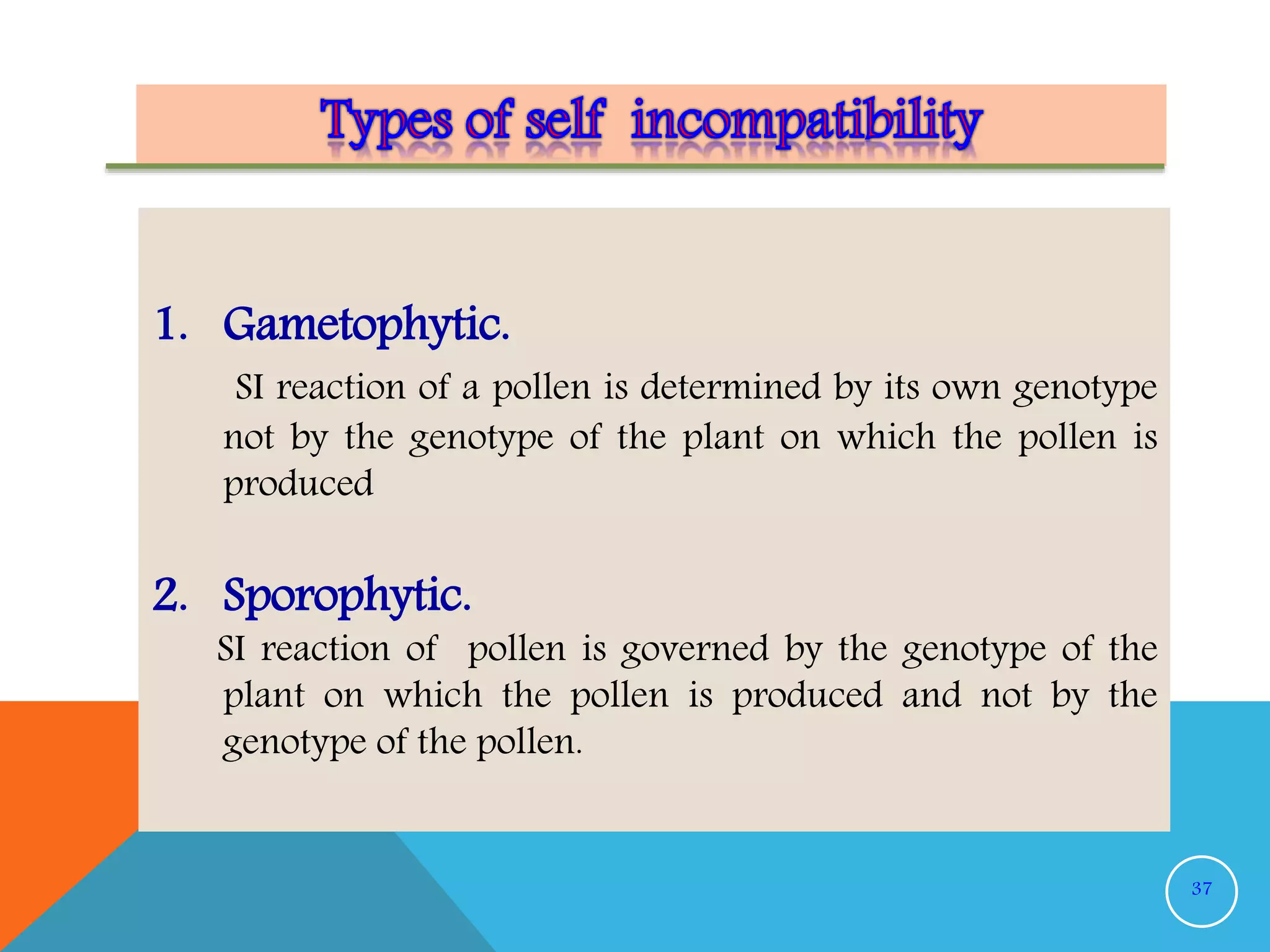 1. Gametophytic.
SI reaction of a pollen is determined by its own genotype
not by the genotype of the plant on which the pollen is
produced
2. Sporophytic.
SI reaction of pollen is governed by the genotype of the
plant on which the pollen is produced and not by the
genotype of the pollen.
37
 