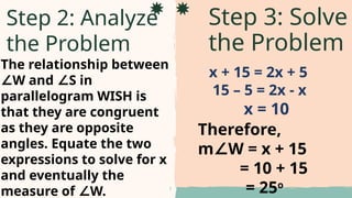 The relationship between
∠W and S in
∠
parallelogram WISH is
that they are congruent
as they are opposite
angles. Equate the two
expressions to solve for x
and eventually the
measure of W.
∠
Step 3: Solve
the Problem
x + 15 = 2x + 5
15 – 5 = 2x - x
x = 10
Therefore,
m W = x + 15
∠
= 10 + 15
= 25o
Step 2: Analyze
the Problem
 