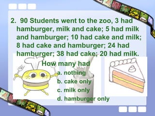 2. 90 Students went to the zoo, 3 had
  hamburger, milk and cake; 5 had milk
  and hamburger; 10 had cake and milk;
  8 ha...