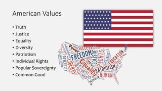 American Values
• Truth
• Justice
• Equality
• Diversity
• Patriotism
• Individual Rights
• Popular Sovereignty
• Common Good
 