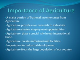 •A major portion of National income comes from
Agriculture
•Agriculture provides raw materials to industries.
•Agriculture creates employment opportunities.
•Agriculture plays a crucial role in our international
trade.
•Agriculture creates infrastructural facilities.
•Importance for industrial development.
•Agriculture feeds the large population of our country.
 