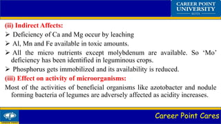 Career Point Cares
(ii) Indirect Affects:
 Deficiency of Ca and Mg occur by leaching
 Al, Mn and Fe available in toxic amounts.
 All the micro nutrients except molybdenum are available. So ‘Mo’
deficiency has been identified in leguminous crops.
 Phosphorus gets immobilized and its availability is reduced.
(iii) Effect on activity of microorganisms:
Most of the activities of beneficial organisms like azotobacter and nodule
forming bacteria of legumes are adversely affected as acidity increases.
 