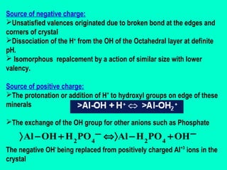 Source of negative charge:
Unsatisfied valences originated due to broken bond at the edges and
corners of crystal
Dissociation of the H+ from the OH of the Octahedral layer at definite
pH.
 Isomorphous repalcement by a action of similar size with lower
valency.
Source of positive charge:
The protonation or addition of H+ to hydroxyl groups on edge of these
minerals
The exchange of the OH group for other anions such as Phosphate

〉 Al − OH + H 2 PO 4 − ⇔〉Al − H 2 PO 4 + OH −
The negative OH- being replaced from positively charged Al+3 ions in the
crystal

 