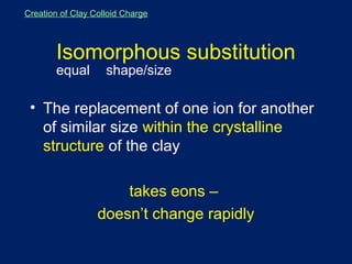 Creation of Clay Colloid Charge

Isomorphous substitution
equal

shape/size

• The replacement of one ion for another
of similar size within the crystalline
structure of the clay
takes eons –
doesn’t change rapidly

 