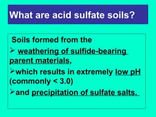 What are acid sulfate soils?
Soils formed from the
 weathering of sulfide-bearing
parent materials,
which results in extremely low pH
(commonly < 3.0)
and precipitation of sulfate salts.

 
