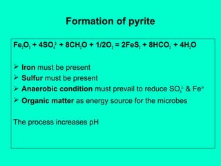 Formation of pyrite
Fe2O3 + 4SO42- + 8CH2O + 1/2O2 = 2FeS2 + 8HCO3- + 4H2O
 Iron must be present
 Sulfur must be present
 Anaerobic condition must prevail to reduce SO42- & Fe3+
 Organic matter as energy source for the microbes
The process increases pH

 
