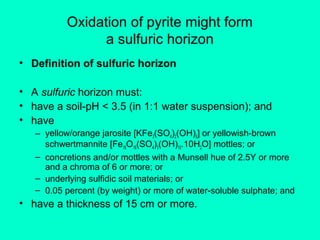 Oxidation of pyrite might form
a sulfuric horizon
• Definition of sulfuric horizon
• A sulfuric horizon must:
• have a soil-pH < 3.5 (in 1:1 water suspension); and
• have
– yellow/orange jarosite [KFe3(SO4)2(OH)6] or yellowish-brown
schwertmannite [Fe16O16(SO4)3(OH)10.10H2O] mottles; or
– concretions and/or mottles with a Munsell hue of 2.5Y or more
and a chroma of 6 or more; or
– underlying sulfidic soil materials; or
– 0.05 percent (by weight) or more of water-soluble sulphate; and

• have a thickness of 15 cm or more.

 