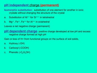 pH independent charge (permanent)
Isomorphic substitution: substitution of one element for another in ionic
crystals without changing the structure of the crystal
a.

Substitution of Al+++ for Si++++ in tetrahedral

b.

Mg++, Fe++, Fe+++ for Al+++ in octahedral

Leaves a net negative charge (permanent)

pH dependent charge: positive charge developed at low pH and excess
negative charge formed at high pH
Gain or loss of H+ from functional groups on the surface of soil solids.
a.

Hydroxy (-OH)

b.

Carboxyl (-COOH)

c.

Phenolic (-C6H4OH)

 
