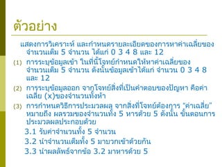ตัวอย่าง
แสดงการวิเคราะห์ และกำาหนดรายละเอียดของการหาค่าเฉลี่ยของ
จำานวนเต็ม 5 จำานวน ได้แก่ 0 3 4 8 และ 12
(1) การระบุข้อมูลเข้า ในที่นี้โจทย์กำาหนดให้หาค่าเฉลี่ยของ
จำานวนเต็ม 5 จำานวน ดังนั้นข้อมูลเข้าได้แก่ จำานวน 0 3 4 8
และ 12
(2) การระบุข้อมูลออก จากโจทย์สิ่งที่เป็นคำาตอบของปัญหา คือค่า
เฉลี่ย (x)ของจำานวนทั้งห้า
(3) “ ”การกำาหนดวิธีการประมวลผล จากสิ่งที่โจทย์ต้องการ ค่าเฉลี่ย
หมายถึง ผลรวมของจำานวนทั้ง 5 หารด้วย 5 ดังนั้น ขั้นตอนการ
ประมวลผลประกอบด้วย
3.1 รับค่าจำานวนทั้ง 5 จำานวน
3.2 นำาจำานวนเต็มทั้ง 5 มาบวกเข้าด้วยกัน
3.3 นำาผลลัพธ์จากข้อ 3.2 มาหารด้วย 5
 