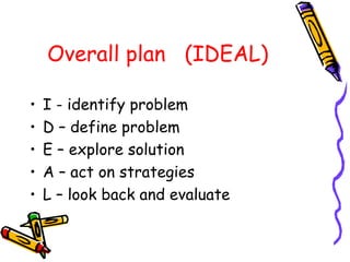 Overall plan  (IDEAL) I - identify problem D – define problem E – explore solution A – act on strategies L – look back and evaluate 