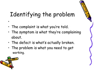 Identifying the problem The complaint is what you’re told. The symptom is what they’re complaining about. The defect is what’s actually broken. The problem is what you need to get working. 