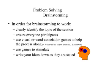 Problem Solving Brainstorming In order for brainstorming to work: clearly identify the topic of the session ensure everyone participates use visual or word association games to help the process along  (A Whack On The Side Of The Head,  ..R von Oech) use games to stimulate write your ideas down as they are stated 