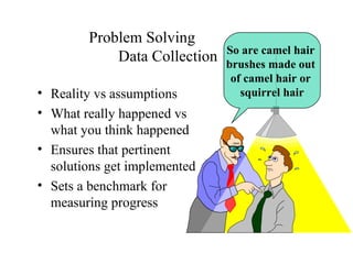 Problem Solving Data Collection Reality vs assumptions What really happened vs what you think happened Ensures that pertinent solutions get implemented Sets a benchmark for measuring progress So are camel hair  brushes made out  of camel hair or  squirrel hair 