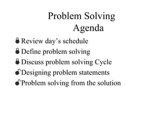 Problem Solving Agenda Review day’s schedule Define problem solving Discuss problem solving Cycle Designing problem statements Problem solving from the solution 