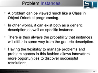 Problem  Instances Web Servers are one thing, Nuclear Reactors are a bit more dangerous – there are systems which absolutely  must not  FAIL. A problem can be viewed much like a Class in Object Oriented programming. In other words, it can exist both as a generic description as well as specific instance.  There is thus always the probability that instances will differ in some way from the generic description. Having the flexibility to manage problems and problem spaces in this fashion allows innovators more opportunities to discover successful resolutions.  