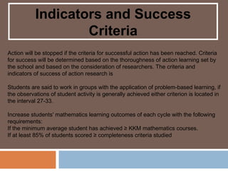 Indicators and Success
                   Criteria
Action will be stopped if the criteria for successful action has been reached. Criteria
for success will be determined based on the thoroughness of action learning set by
the school and based on the consideration of researchers. The criteria and
indicators of success of action research is

Students are said to work in groups with the application of problem-based learning, if
the observations of student activity is generally achieved either criterion is located in
the interval 27-33.

Increase students' mathematics learning outcomes of each cycle with the following
requirements:
If the minimum average student has achieved ≥ KKM mathematics courses.
If at least 85% of students scored ≥ completeness criteria studied
 