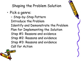 Shaping the Problem Solution
• Pick a genre:
  – Step-by-Step Pattern
  Introduce the Problem
  Identify and Demonstrate the Problem
  Plan for Implementing the Solution
  Step #1: Reasons and evidence
  Step #2: Reasons and evidence
  Step #3: Reasons and evidence
  Call for Action
 