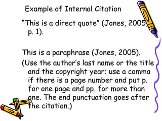 Example of Internal Citation
“This is a direct quote” (Jones, 2005,
  p. 1).

This is a paraphrase (Jones, 2005).
(Use the author’s last name or the title
  and the copyright year; use a comma
  if there is a page number and put p.
  for one page and pp. for more than
  one. The end punctuation goes after
  the citation.)
 