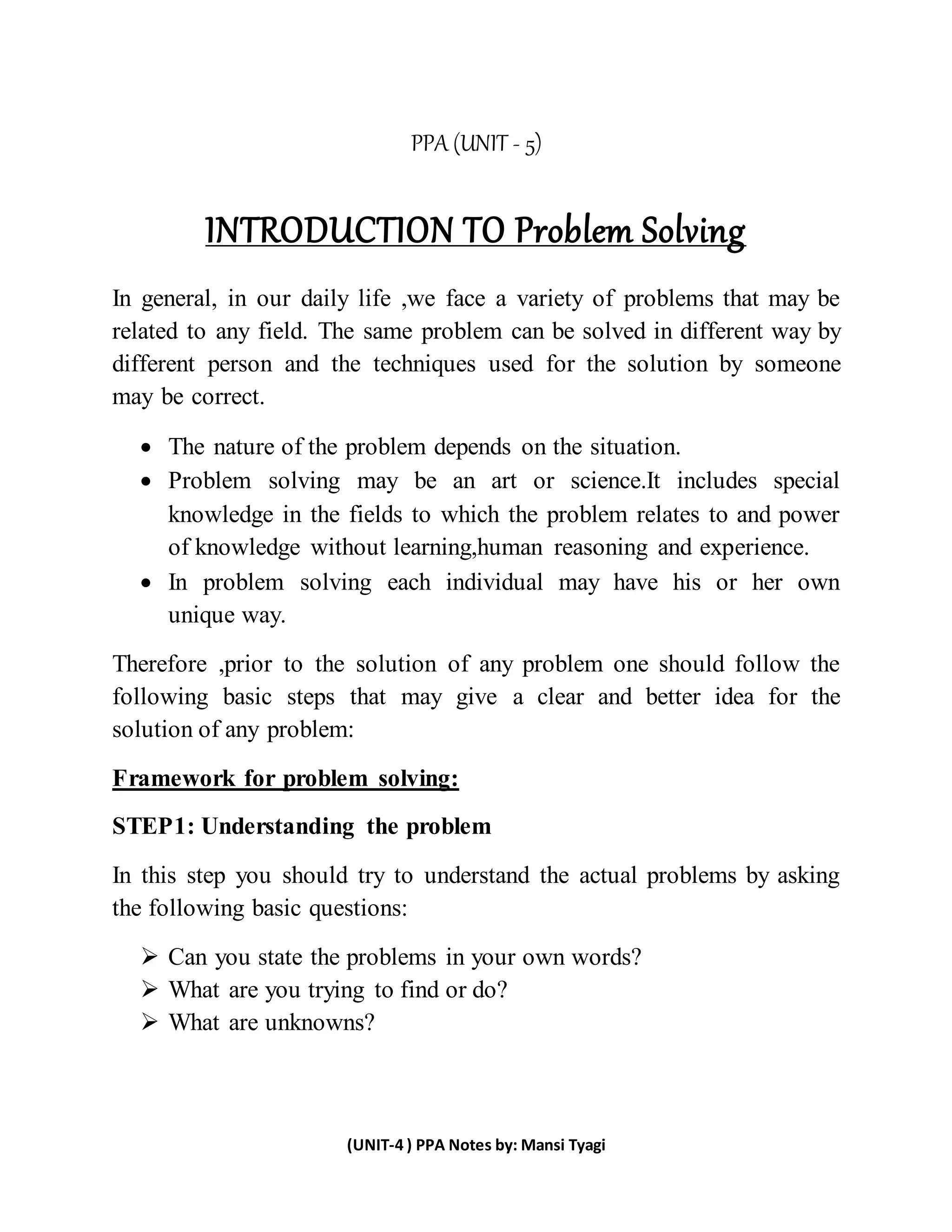 Problem solving UNIT - 4 [C PROGRAMMING] (BCA I SEM) | DOCX