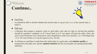 Continue..
■ Goal Test:
– we should be able to decide whether the current state is a goal state {e.i: is the current state is
in(E)?}.
■ Path cost:
– a function that assigns a numeric value to each path, each step we take in solving the problem
should be somehow weighted, so If I travel from A to E our agent will pass by many cities, the
cost to travel between two consecutive cities should have some cost measure, {e.i: Traveling from
‘A’ to ‘B’ costs 20 km or it can be typed as c(A, 20, B)}.
■ A solution to a problem is path from the initial state to a goal state, and solution quality is
measured by the path cost, and the optimal solution has the lowest path cost among all possible
solutions.
12Problem Solving Agent|Amar Jukuntla
 
