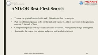 AND/OR Best-First-Search
§ Traverse the graph (from the initial node) following the best current path.
§ Pick one of the unexpanded nodes on that path and expand it. Add its successors to the graph and
compute f for each of them
§ Change the expanded node’s f value to reflect its successors. Propagate the change up the graph.
§ Reconsider the current best solution and repeat until a solution is found
Problem Solving Agent|Amar Jukuntla 155
 