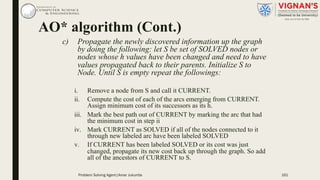 AO* algorithm (Cont.)
c) Propagate the newly discovered information up the graph
by doing the following: let S be set of SOLVED nodes or
nodes whose h values have been changed and need to have
values propagated back to their parents. Initialize S to
Node. Until S is empty repeat the followings:
i. Remove a node from S and call it CURRENT.
ii. Compute the cost of each of the arcs emerging from CURRENT.
Assign minimum cost of its successors as its h.
iii. Mark the best path out of CURRENT by marking the arc that had
the minimum cost in step ii
iv. Mark CURRENT as SOLVED if all of the nodes connected to it
through new labeled arc have been labeled SOLVED
v. If CURRENT has been labeled SOLVED or its cost was just
changed, propagate its new cost back up through the graph. So add
all of the ancestors of CURRENT to S.
Problem Solving Agent|Amar Jukuntla 161
 