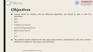 Objectives
■ Student should be familiar with the following algorithms, and should be able to code the
algorithms
– BFS
– DFS
– Uniform Cost Search
– Iterative Deepening Search
– Bidirectional Search
– A*
– AO*
■ The students should understand the state space representation, and familiarity with some common
problems formulated as state space search problems.
Problem Solving Agent|Amar Jukuntla 2
 