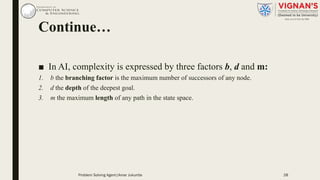 Continue…
■ In AI, complexity is expressed by three factors b, d and m:
1. b the branching factor is the maximum number of successors of any node.
2. d the depth of the deepest goal.
3. m the maximum length of any path in the state space.
28Problem Solving Agent|Amar Jukuntla
 