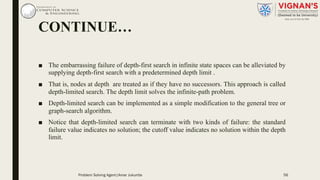 CONTINUE…
■ The embarrassing failure of depth-first search in infinite state spaces can be alleviated by
supplying depth-first search with a predetermined depth limit .
■ That is, nodes at depth are treated as if they have no successors. This approach is called
depth-limited search. The depth limit solves the infinite-path problem.
■ Depth-limited search can be implemented as a simple modification to the general tree or
graph-search algorithm.
■ Notice that depth-limited search can terminate with two kinds of failure: the standard
failure value indicates no solution; the cutoff value indicates no solution within the depth
limit.
Problem Solving Agent|Amar Jukuntla 56
 