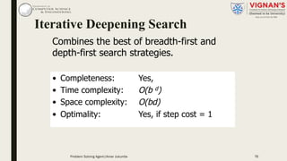 Combines the best of breadth-first and
depth-first search strategies.
• Completeness: Yes,
• Time complexity: O(b d)
• Space complexity: O(bd)
• Optimality: Yes, if step cost = 1
Iterative Deepening Search
Problem Solving Agent|Amar Jukuntla 76
 