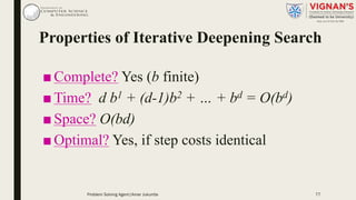 ■ Complete? Yes (b finite)
■ Time? d b1 + (d-1)b2 + … + bd = O(bd)
■ Space? O(bd)
■ Optimal? Yes, if step costs identical
Properties of Iterative Deepening Search
Problem Solving Agent|Amar Jukuntla 77
 