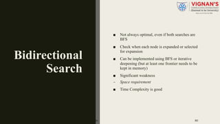 Bidirectional
Search
■ Not always optimal, even if both searches are
BFS
■ Check when each node is expanded or selected
for expansion
■ Can be implemented using BFS or iterative
deepening (but at least one frontier needs to be
kept in memory)
■ Significant weakness
– Space requirement
■ Time Complexity is good
Problem Solving Agent|Amar Jukuntla 80
 