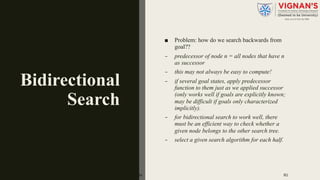 Bidirectional
Search
■ Problem: how do we search backwards from
goal??
– predecessor of node n = all nodes that have n
as successor
– this may not always be easy to compute!
– if several goal states, apply predecessor
function to them just as we applied successor
(only works well if goals are explicitly known;
may be difficult if goals only characterized
implicitly).
– for bidirectional search to work well, there
must be an efficient way to check whether a
given node belongs to the other search tree.
– select a given search algorithm for each half.
Problem Solving Agent|Amar Jukuntla 81
 