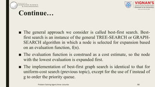 Continue…
■ The general approach we consider is called best-first search. Best-
first search is an instance of the general TREE-SEARCH or GRAPH-
SEARCH algorithm in which a node is selected for expansion based
on an evaluation function, f(n).
■ The evaluation function is construed as a cost estimate, so the node
with the lowest evaluation is expanded first.
■ The implementation of best-first graph search is identical to that for
uniform-cost search (previous topic), except for the use of f instead of
g to order the priority queue.
Problem Solving Agent|Amar Jukuntla 88
 