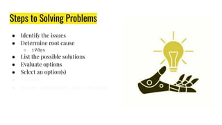 Steps to Solving Problems
● Identify the issues
● Determine root cause
○ 5 Whys
● List the possible solutions
● Evaluate options
● Select an option(s)
● Execute
● Iterate: monitoring, and evaluation
 