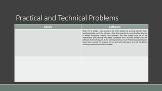 Practical and Technical Problems
Ability Software
When I'm at college I have access to the entire adobe suit and any software that I
could potentially need. The software I think that majority of my work will be done on
is Adobe Photoshop, Premier and InDesign. This may change once all of my
experiments and planning have been completed and I discover another piece of
software that I will require. As for working at home, I have Photoshop available and I
know that is where the majority of my work will take place, so I will be able to
continues production outside of college.
 