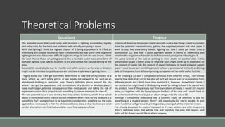 Theoretical Problems
Locations Finance
The potential issues that could come with locations is lighting, accessibility, legality
and entry costs, for the most part problems with actually occupying a space.
With the lighting I think the highest chance of it being a problem is if I find an
interesting and suitable location to have a photoshoot, but due to the time or general
lighting in the area it becomes difficult to get the image to look the way I want. I think
the best chance I have of getting around this is to make sure I have some form of
portable lighting I can take to locations to try and combat the natural lighting of the
area.
Accessibility could also be due to a health and safety concern as the area or location
might not be intended for public access and not have a safe way of getting there.
In terms of financing this project there’s actually quite a few things I need to consider
from the potential transport costs, getting the magazine printed and what paper I
want to use, live show entry tickets, figuring out how I could get music onto a
promotional CD, and how I could approach people in terms of advertising and
whether the magazine will be able to be free or what price point I should give it.
I’m going to look at the cost of printing in more depth on another slide in this
presentation to get a better grasp of what the costs might come up to depending on
the amount of copies I do, the amount of pages I’m hoping to reach and what weight
paper I want to use as I want this product to have a professional feel to it, and being
able to find quotes from different printing companies will be really useful for that.
I highly doubt that I will get extremely determined to take one of my models to a
place where we can’t safely get to or are legally not allowed to be, such as an
abandoned building or restricted area. There's definitely places around the city
where I can get the appearance and connotations of a derelict or desolate place. I
have much larger potential consequences than most people and taking the risk of
legal repercussions for a project is not something I can even entertain the idea of.
The last potential issue I have is entry fees into certain locations, which have talked
about in more detail in the finance section. However when I look for my locations it is
something that’s going to have to be taken into consideration, weighing out the costs
against how necessary it is that the photoshoot takes place at that location and what
similar alternative I can find that would be more financially beneficial.
As for creating a CD with a compilation of music from different artists, I don’t know
exactly how dedicated I am to the idea yet as It will require a lot of co-operation from
different people and I don’t know how realistic it is, however I know there's bands I
can contact that might need a CD designing would be willing to have it be paired with
my product. Even if they already had their own album art ready it would still require
being put together with the typography on the back of the case and I would have to
do some research into how to put an album design onto the actual CD.
Although I completely understand that a business might be unwilling to pay for
advertising in a student project, there’s still opportunity for me to be able to gain
some funds that will go towards printing and purchasing of all the materials I need.
I’ve already discussed the costs of transport in it’s own section, and with show entry
there’s definitely some that will be free and hopefully the ones that require paid
entry will be shows I would like to attend anyway.
 