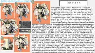 STEP BY STEP
https://www.youtube.com/watch?v=5ogHpgHyHnI
1 2
3
4
5
6 7
8
First step I did was get an image of some flowers I wanted and
started to edit the background to it as it had a background colour I
didn’t like and I just wanted the flowers on their own so I used the
polygonal tool which I wasn't sure if that was the right tool to use
but it worked for me so I stuck with that. When I had the flowers by
themselves I then wanted to add a background colour which I chose
a orange colour as you can see, I feel that it gives a really nice
contrast with the rest of the colours of the flowers so I stuck with
that one. I then got the shape tool which was the rectangle shape
and made the shape to go over the flowers to see what size I wanted
it to be, I went onto properties and I got rid of the inside of theshape and then chose the colour for the boarder of the shape which I chose a yellow colour again to
add more colours to the image, I found that the thickness of the boarder wasn’t thick enough so I
made it bigger so you could se it better which you can see in image 3. I then clicked on the rectangle
layer and made a mask icon so I can then give the illustration that some of the flowers are on top of
the boarder. I did this by getting the rubber tool and removed a bit of the boarder where I wanted a
bit of the flower/plant to look like its on top. I then used the paint brush so if I removed either too
much or it was messy looking I used the paint tool to add the boarder back to make it look like the
plant is coming above the boarder. I did this on each side of the boarder too but in different places to
it looks nicer as you can see in image 3 again you can see that it looks like the flowers are above the
boarder. Before moving on, away from the flowers I wanted to add some drop shadows to make the
flowers look like they’re coming out of the page to make it look like it has a 3D effect, I did this by
double clicking on the layer and went to drop shadow and messed around to see where I wanted the
shadows to come from and then went into outer glow to create more effects which you ca see from
image 2. I then added text to it by clicking the tool T and types out the letters the person was typing
out on the tutorial I was watching which you can see on image 7 and placed them in the same order
the person did. I did the exact same as the boarder but on the letters and made some of the plants to
overlap on the letters to make it look like the letters are getting buried a little which I like the look of a
lot. The last thing I did was added a outer glow to them so you can see the letters a little better with a
 