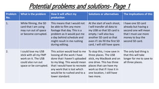 Problem
No.
What is the problem How it will affect my
production
Solutions or alternatives The implications of this
1. While filming, the SD
card that I am using
may run out of space
or become corrupted.
This means that I would not
be able to film any more
footage that day. This is a
problem as it would put me
a day behind schedule and
might result in me rushing
during editing.
At the start of each shoot,
I will transfer all data to
my USB so that SD card is
empty. I will also buy
another SD card so that
even if I do fill the first SD
card, I will still have spare.
I have one SD card
already but having a
second one will mean
that I must use more
money to buy the
second SD card.
2. I could lose my USB
stick with all my FMP
work on it. The USB
could also run out
space or be corrupted.
This action would lead to me
loosing all the work I have
done that I haven't uploaded
to my blog. This would mean
that I would have to recreate
any work that is lost which
would be to rushed and to a
lower standard.
To stop this, I now save in
three places. The USB
stick, my MacBook and on
one drive. This has three
places that can have my
work so that if I lose it in
one location, I still have
two more.
The only bad thing is
that this will take
longer for me to save to
all three places.
Potential problems and solutions- Page 1
 